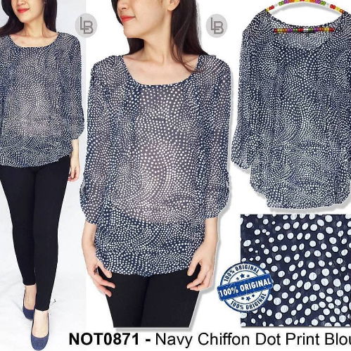 F379 Notations Navy Chiffon Dot Print Blouse i44
