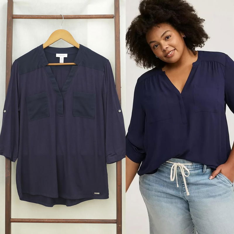 RD908 CK Double Pocket V-Neck 7/8 Blouse O76