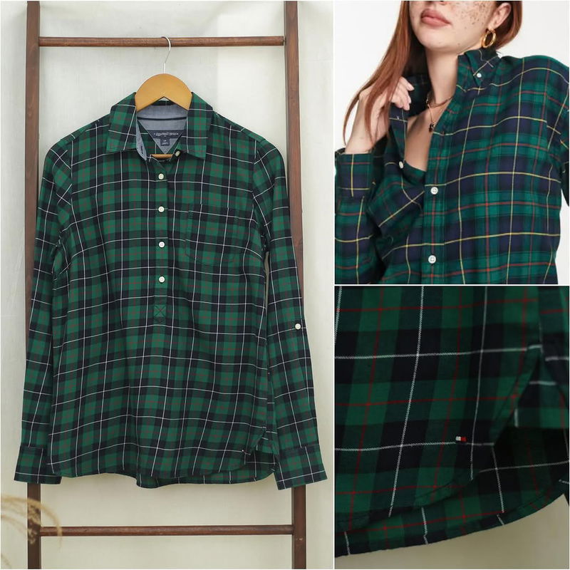 RD944 TH Half Button Plaid Women Longsleeve Shirt A.B9
