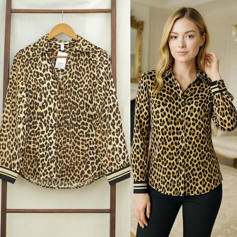 RE032 HM Leopard Pattern V-Neck Blouse B8