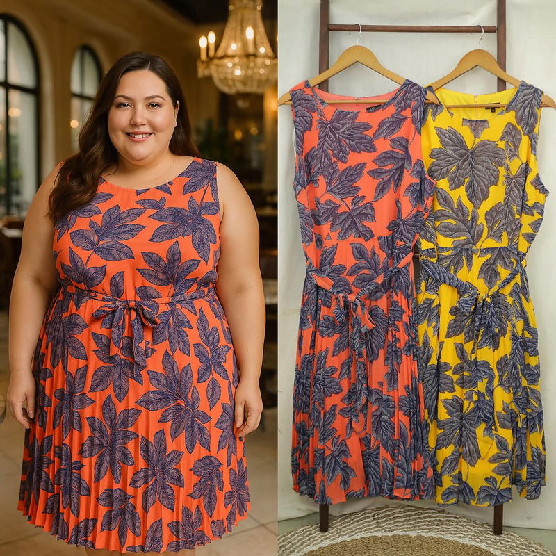 RE043 ILE New York Floral Plisket Sleeveless Belted Big Size Maxi Dress X121