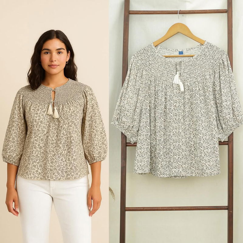 RE213 Oldnvy Tassel 3/4 Flower Blouse