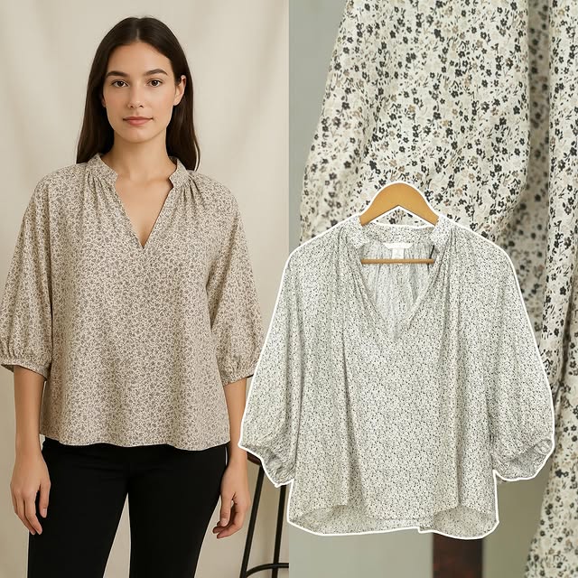 RE254 H&M Flower 7/8 V-Neck Batwing Blouse W116