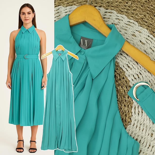 RE319 Worthington Plisket Full Button Halter Neck Belted Midi Dress RK.L