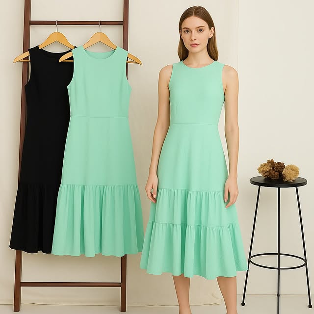 RE326  Chelsea Sleeve-Less Seam Pocket Textured Midi Dress