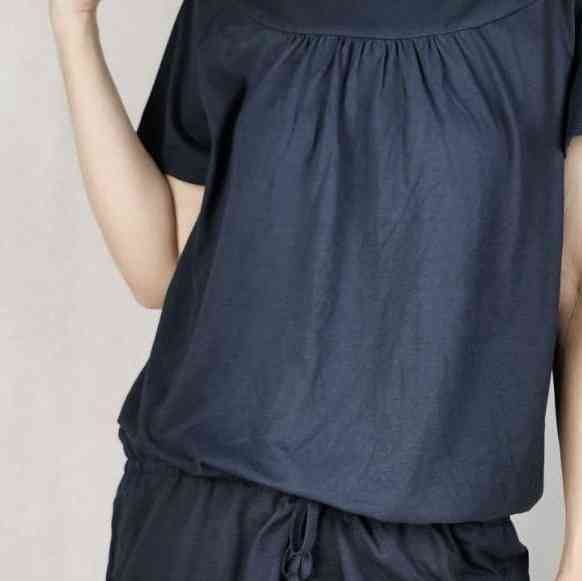SALE U081 Shiny ripple navy drawstring waist pleated tunic tee Q85
